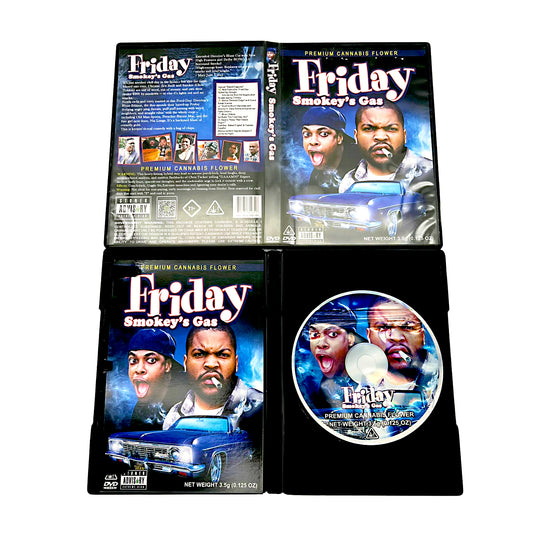 Mylar Bag herb product packaging with 'Friday' movie references on a white background