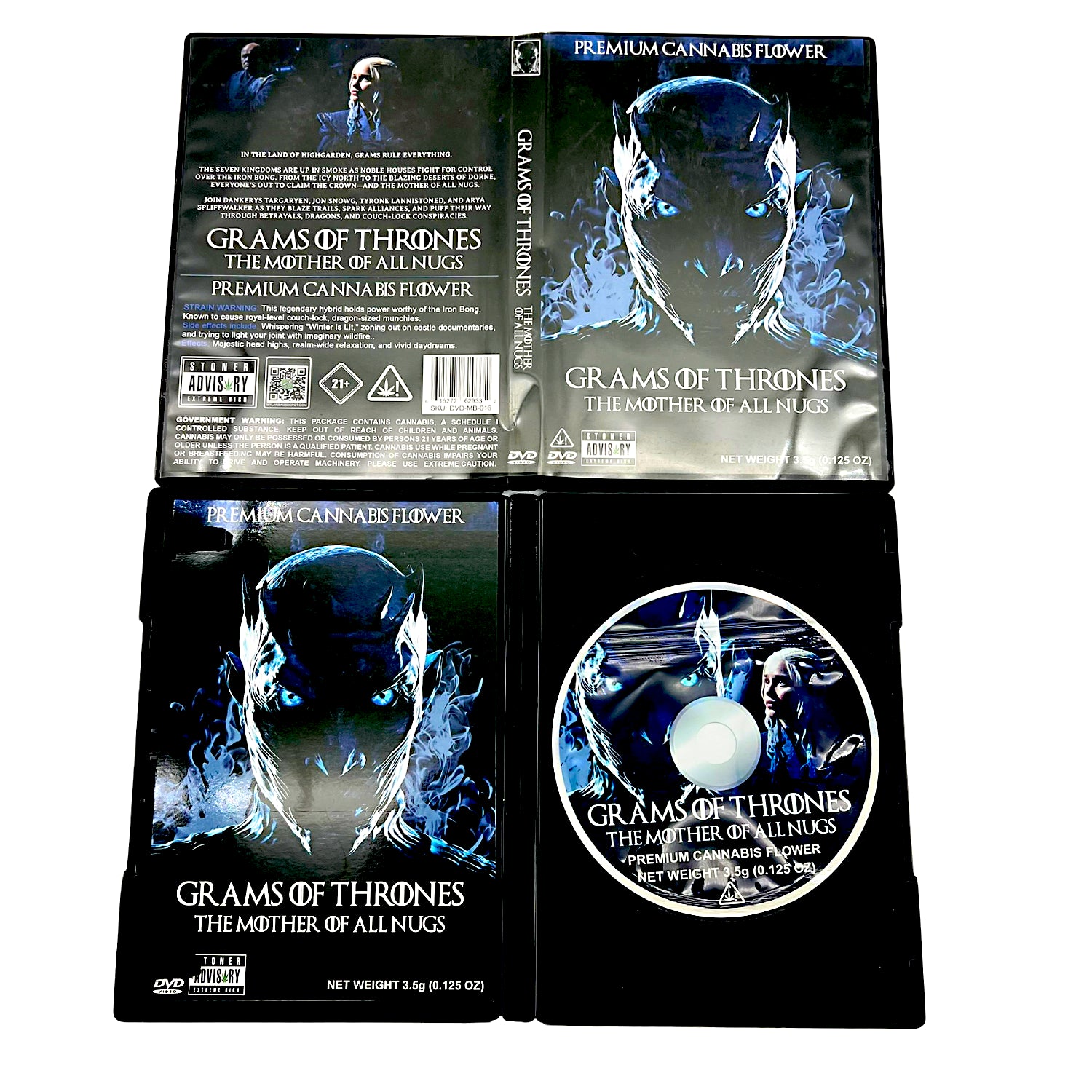 Mylar Bag  Packaging for 'Grams of Thrones' with branding and product details.