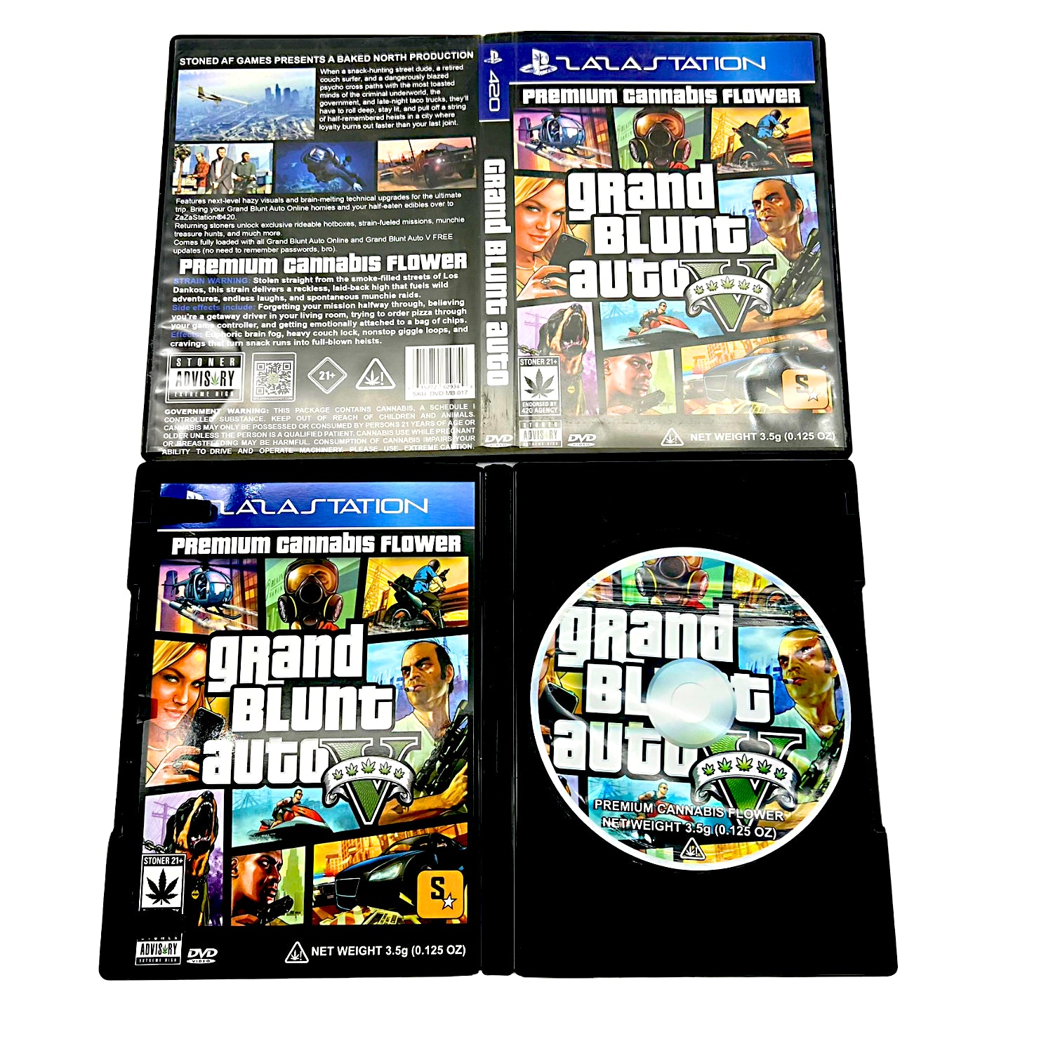 Mylar Bag Gaming console with 'Grand Blunt Auto' branded packaging and disc.