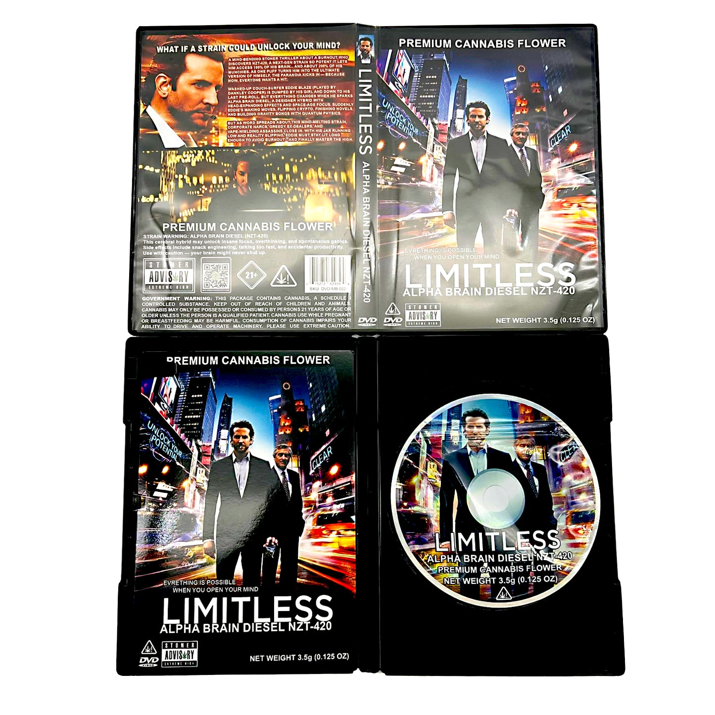 Mylar Bag Limitless-themed cannabis product packaging with movie poster design