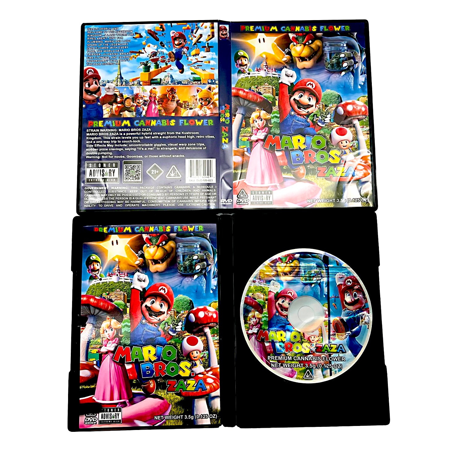 Mylar Bag Mario Bros-themed product packaging with characters and branding on a white background