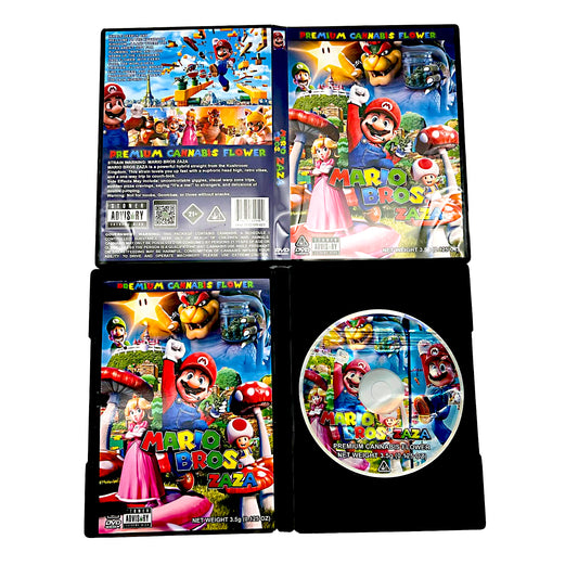 Mylar Bag Mario Bros-themed product packaging with characters and branding on a white background