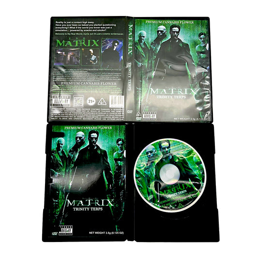 Mylar Bag DVD case and disc with 'The Matrix' branding on a white background