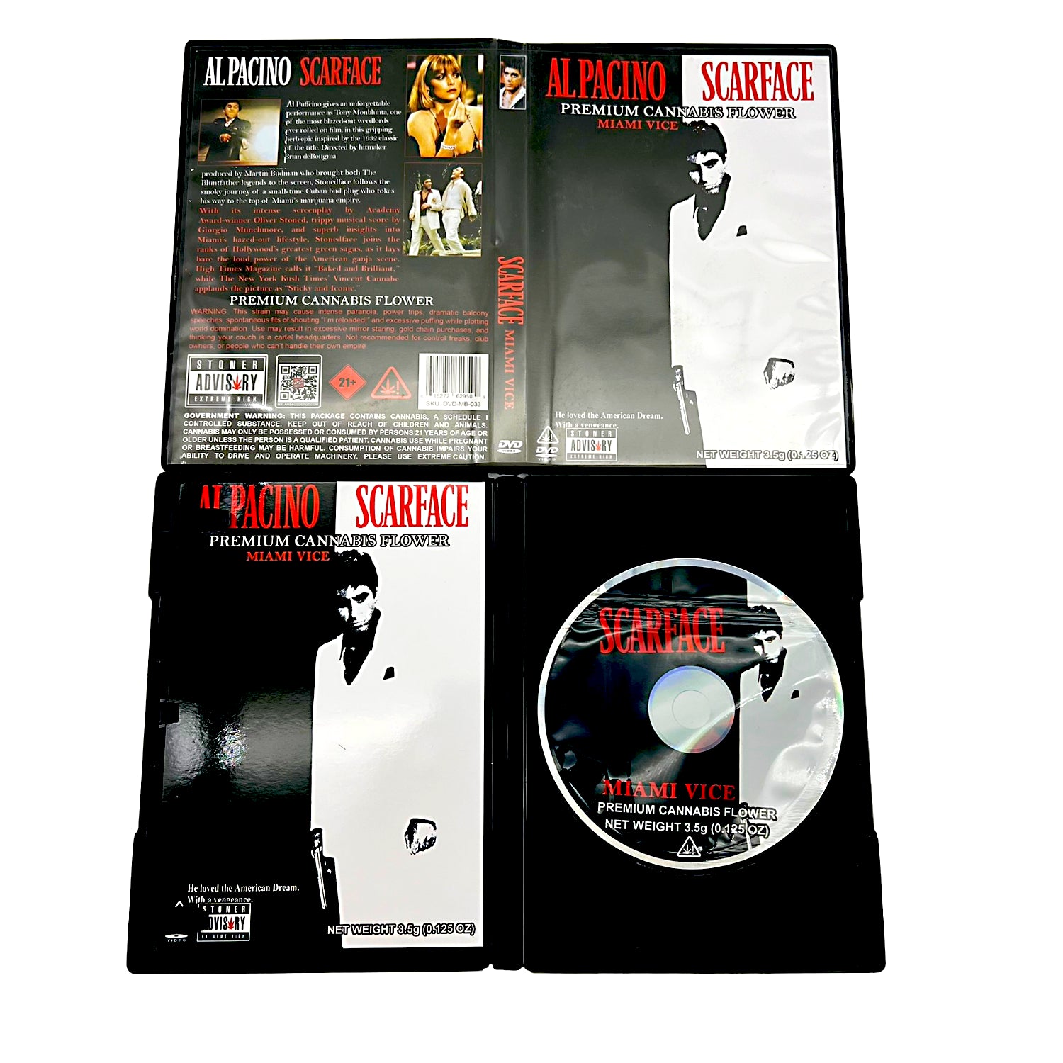 Mylar Bag Scarface-themed herb packaging with movie poster design