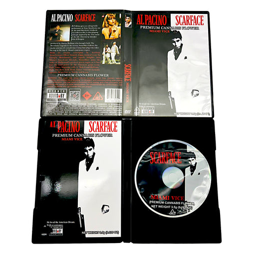 Mylar Bag Scarface-themed herb packaging with movie poster design