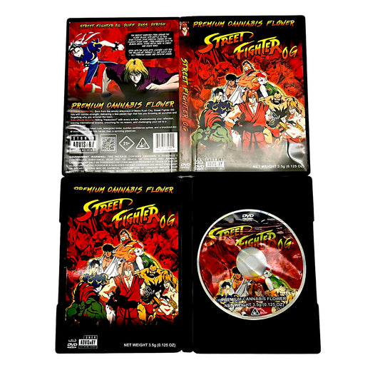 Mylar Bag Street Fighter themed herb product packaging with character images and branding.