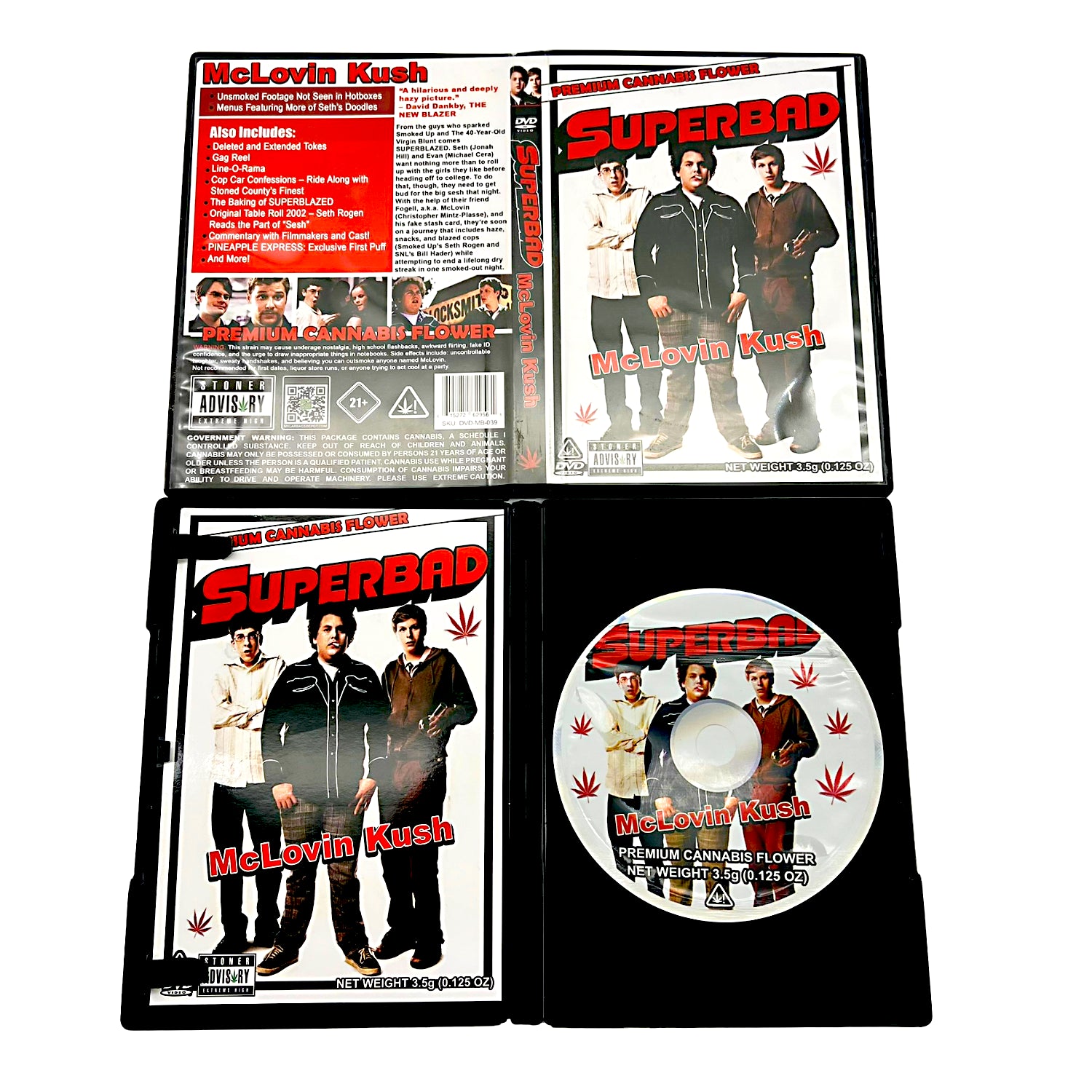 Mylar Bag herb product packaging with 'Superbad' and 'McLovin Kush' branding on a white background.