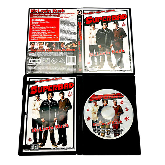 Mylar Bag herb product packaging with 'Superbad' and 'McLovin Kush' branding on a white background.