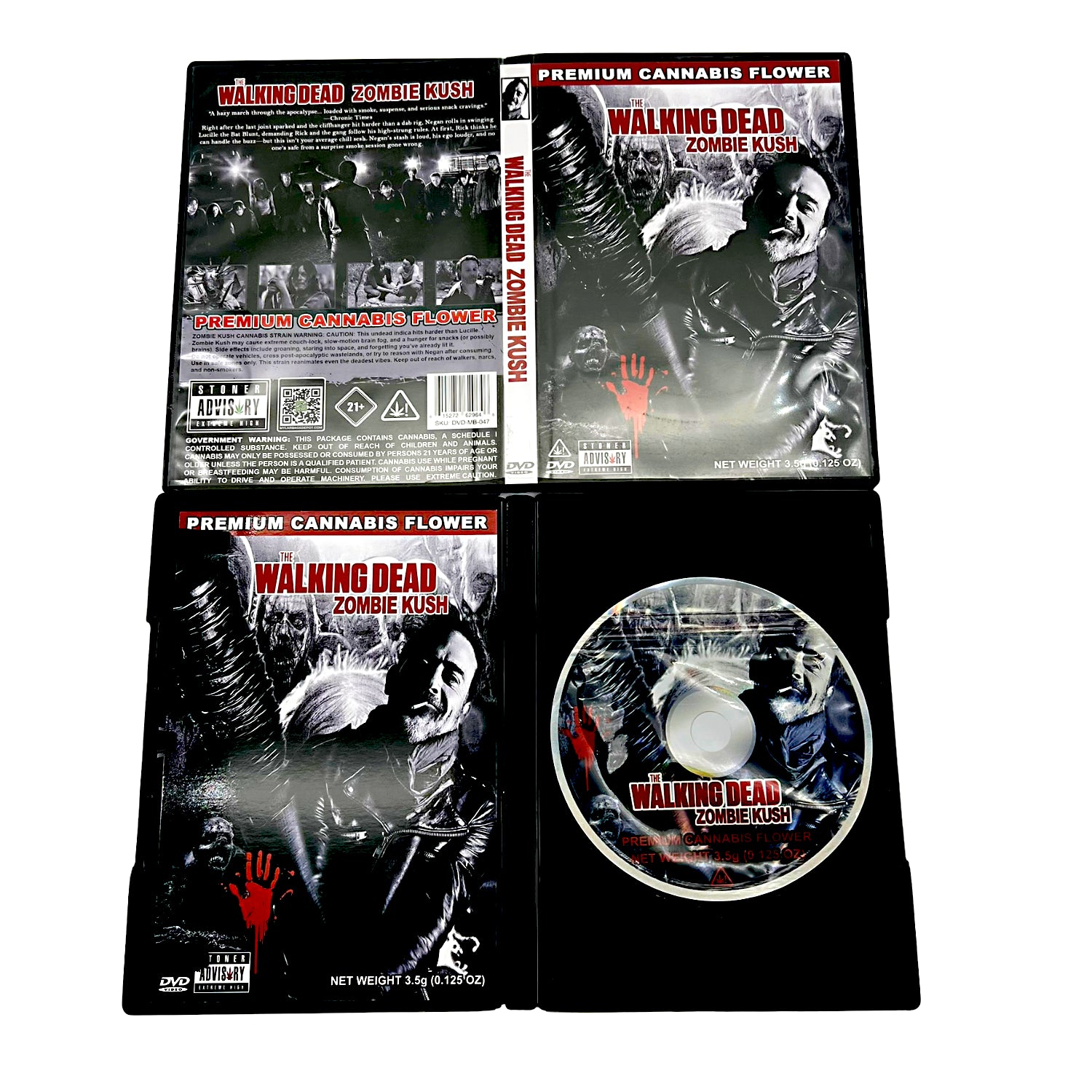 Mylar Bag DVD case with 'The Walking Dead' Zombie Kush branding on a white background