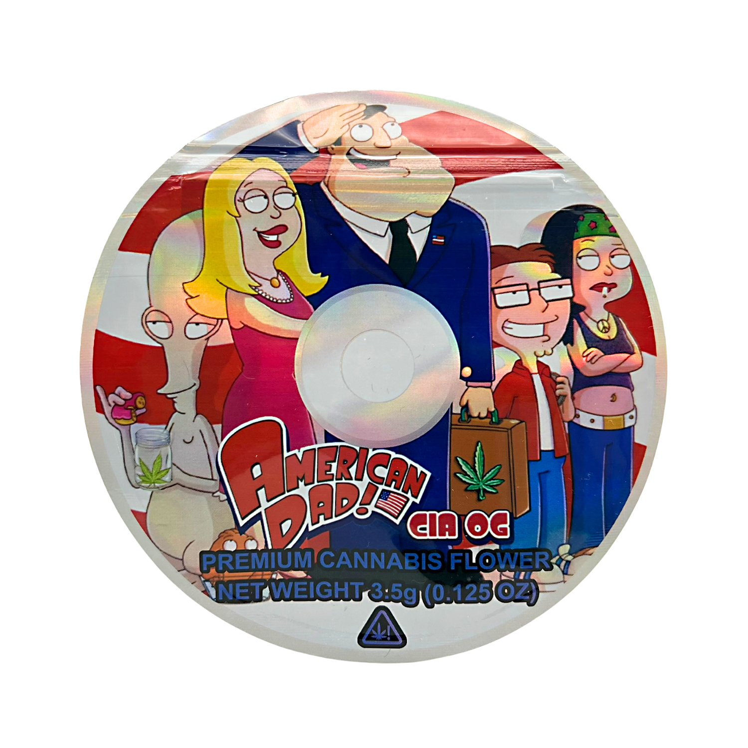DVD Mylar bag 3.5g, herb Mylar Bags, Where to buy mylar bags, Custom mylar bags near me, Mylar Bags Wholesale. herb packaging with 'American Dad!' branding featuring cartoon characters.