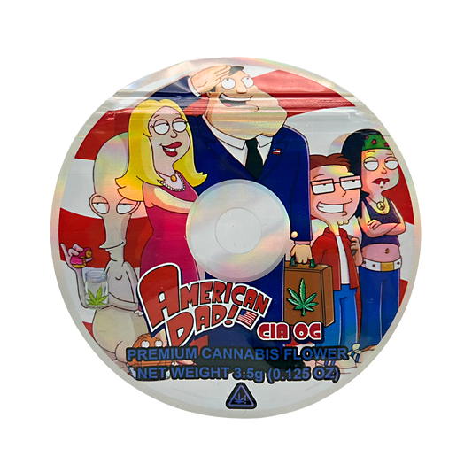 DVD Mylar bag 3.5g, herb Mylar Bags, Where to buy mylar bags, Custom mylar bags near me, Mylar Bags Wholesale. herb packaging with 'American Dad!' branding featuring cartoon characters.