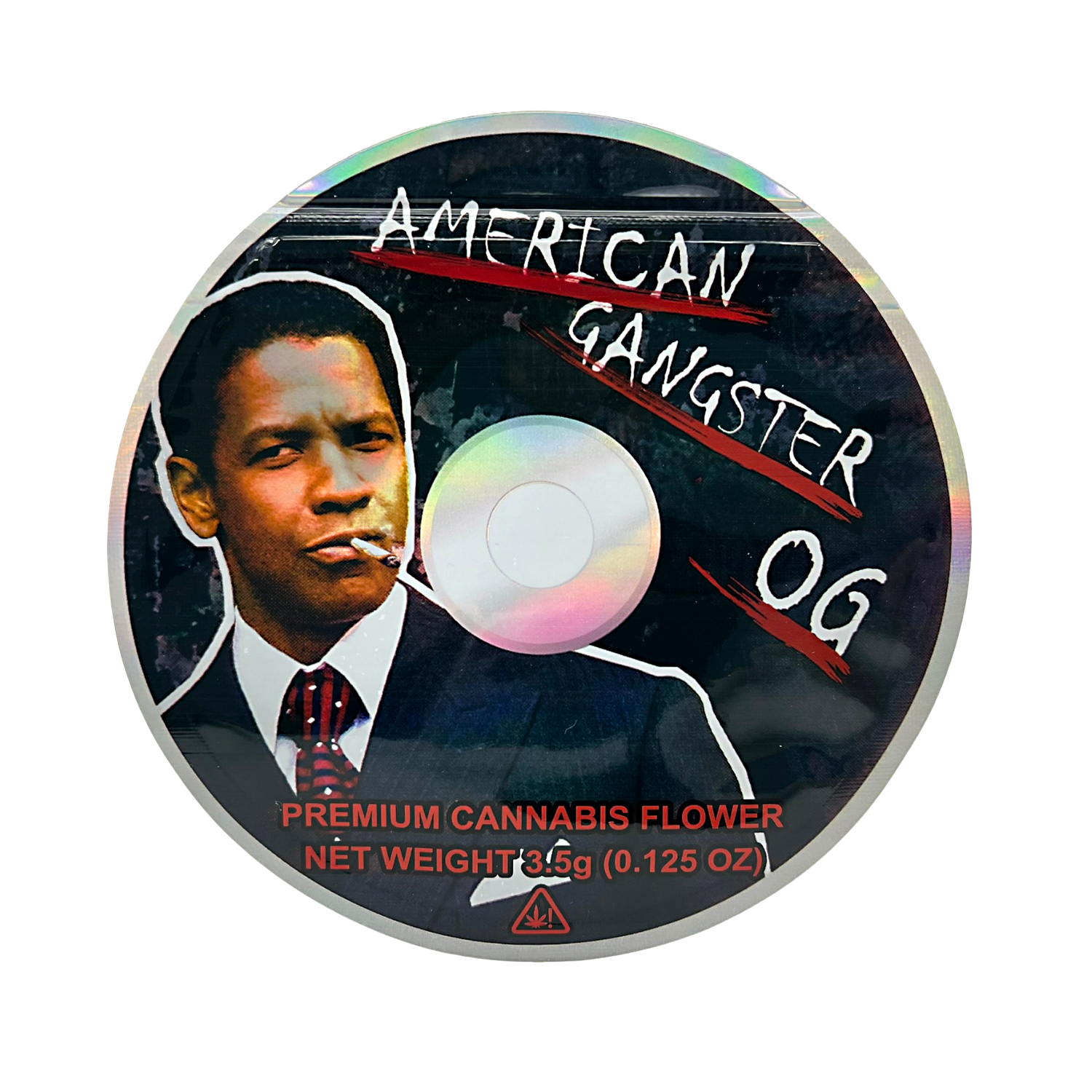 DVD Mylar bag 3.5g, herb Mylar Bags, Where to buy mylar bags, Custom mylar bags near me, Mylar Bags Wholesale. Round label for 'American Gangster OG' premium herb flower with a person smoking a cigarette.