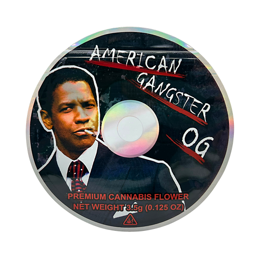 DVD Mylar bag 3.5g, herb Mylar Bags, Where to buy mylar bags, Custom mylar bags near me, Mylar Bags Wholesale. Round label for 'American Gangster OG' premium herb flower with a person smoking a cigarette.