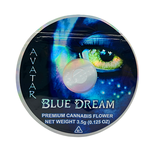 DVD Mylar bag 3.5g, herb Mylar Bags, Where to buy mylar bags, Custom mylar bags near me, Mylar Bags Wholesale. herb product packaging with 'Blue Dream' branding and eye design.