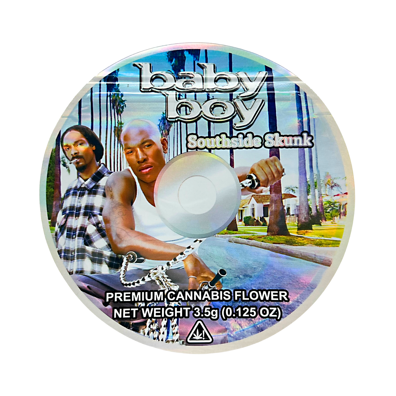 DVD Mylar bag 3.5g, herb Mylar Bags, Where to buy mylar bags, Custom mylar bags near me, Mylar Bags Wholesale. Product packaging for 'baby boy Southside Skunk' premium herb flower with a scenic background.