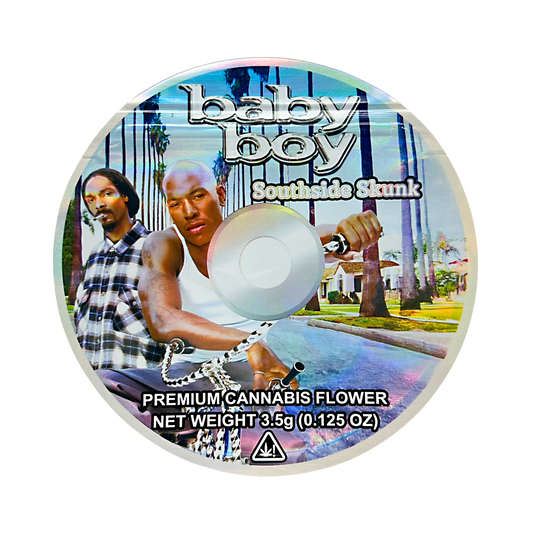 DVD Mylar bag 3.5g, herb Mylar Bags, Where to buy mylar bags, Custom mylar bags near me, Mylar Bags Wholesale. Product packaging for 'baby boy Southside Skunk' premium herb flower with a scenic background.