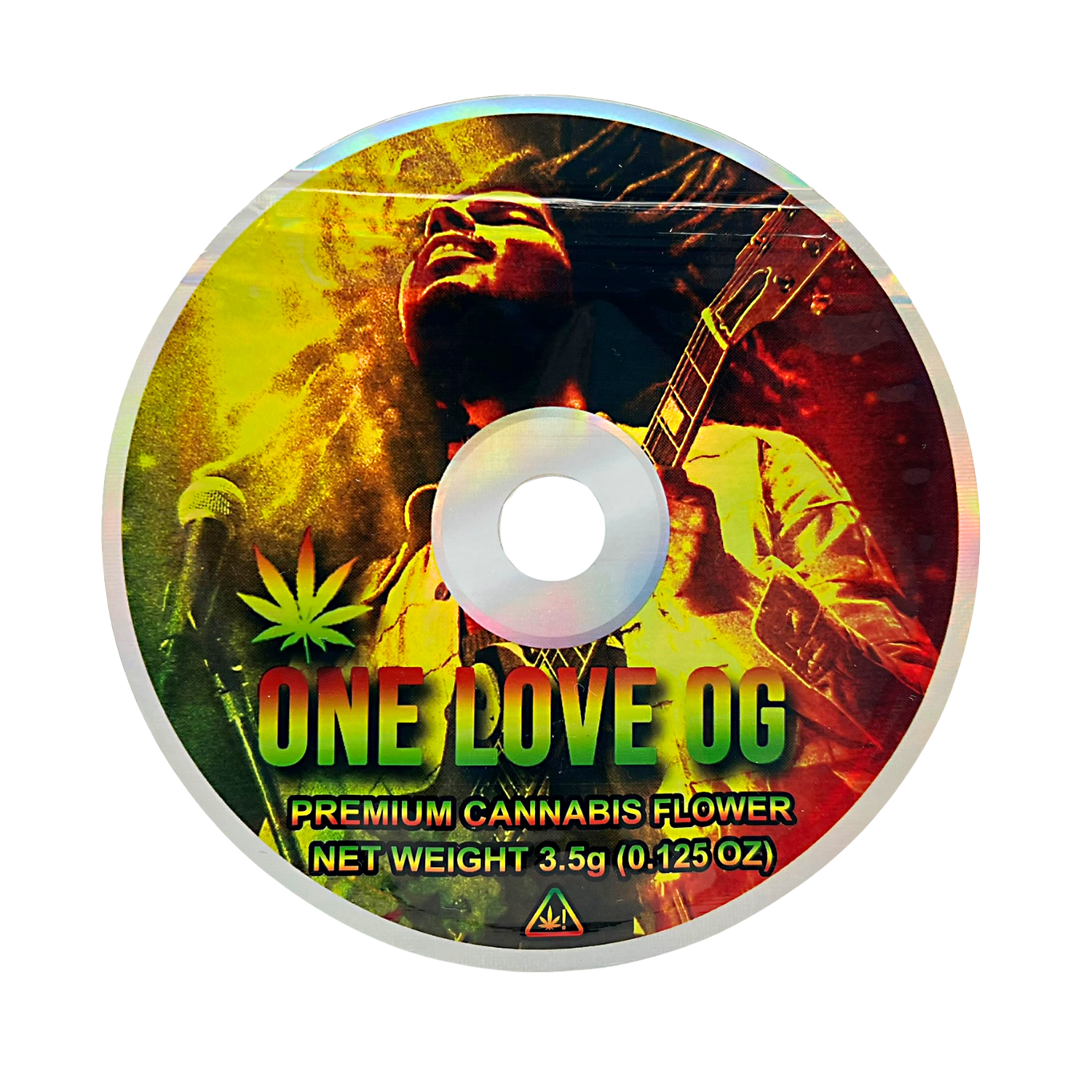 DVD Mylar bag 3.5g, herb Mylar Bags, Where to buy mylar bags, Custom mylar bags near me, Mylar Bags Wholesale. CD or DVD case with a herb product label featuring a person playing guitar and a herb leaf.