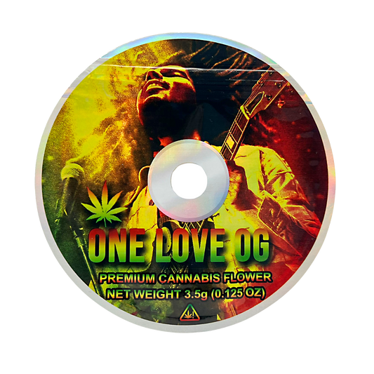 DVD Mylar bag 3.5g, herb Mylar Bags, Where to buy mylar bags, Custom mylar bags near me, Mylar Bags Wholesale. CD or DVD case with a herb product label featuring a person playing guitar and a herb leaf.