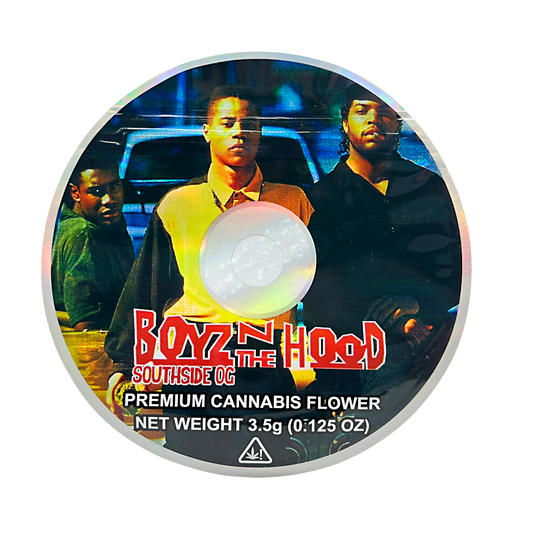 DVD Mylar bag 3.5g, herb Mylar Bags, Where to buy mylar bags, Custom mylar bags near me, Mylar Bags Wholesale. herb product packaging with 'Boyz N The Hood' branding and images of people.