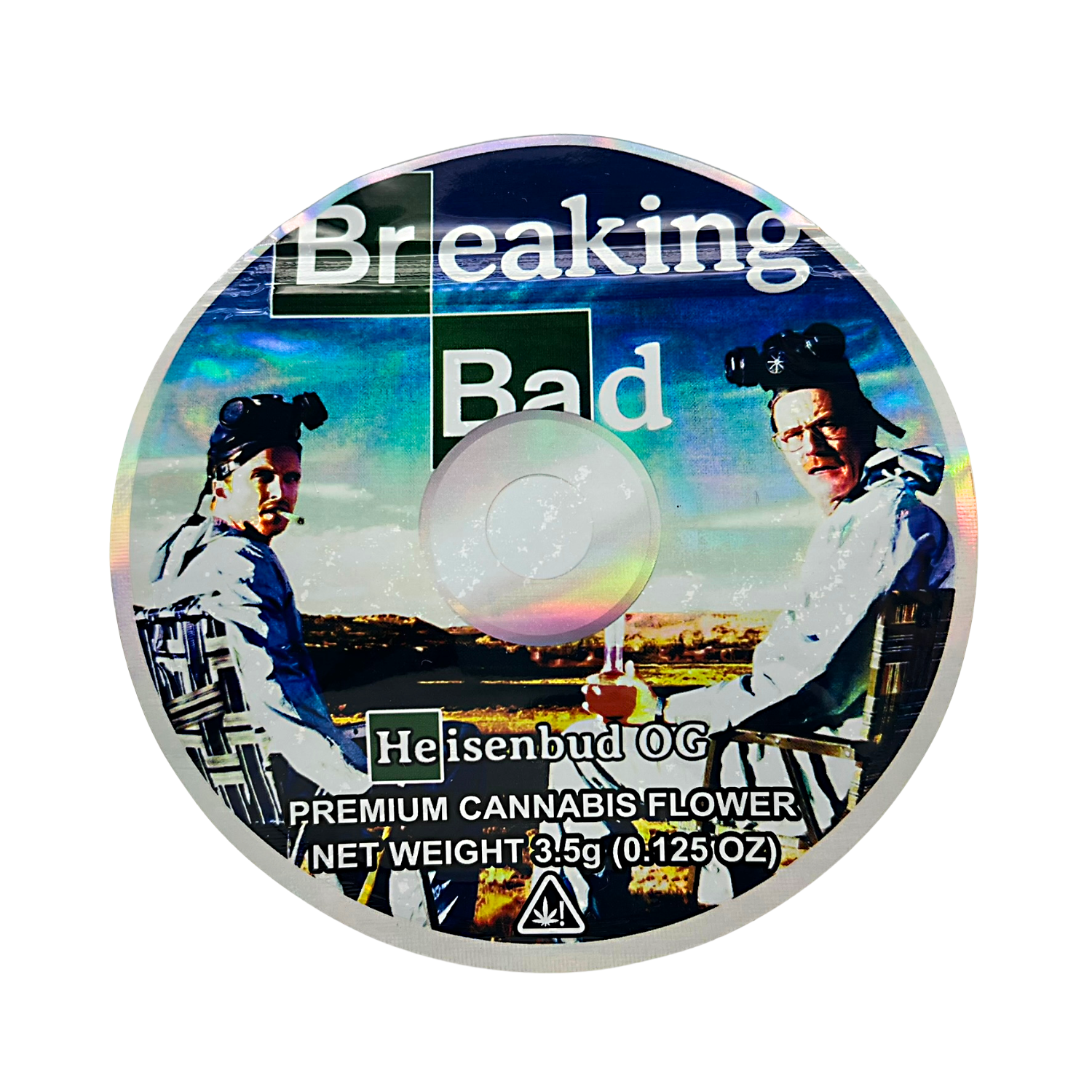 DVD Mylar bag 3.5g, herb Mylar Bags, Where to buy mylar bags, Custom mylar bags near me, Mylar Bags Wholesale. herb product packaging with 'Breaking Bad' branding featuring two characters and a Heisenbud OG label.