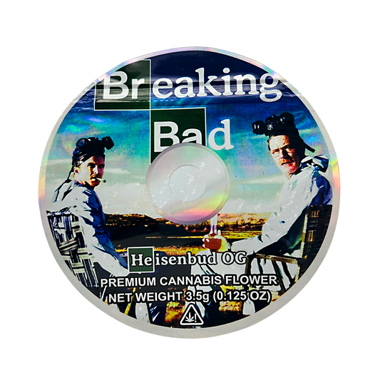 DVD Mylar bag 3.5g, herb Mylar Bags, Where to buy mylar bags, Custom mylar bags near me, Mylar Bags Wholesale. herb product packaging with 'Breaking Bad' branding featuring two characters and a Heisenbud OG label.