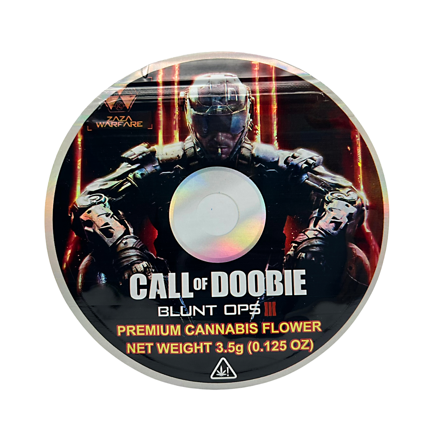 DVD Mylar bag 3.5g, herb Mylar Bags, Where to buy mylar bags, Custom mylar bags near me, Mylar Bags Wholesale. herb product packaging with a soldier graphic and 'Call of Doobie' branding.