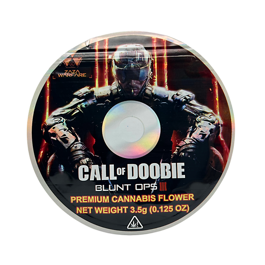 DVD Mylar bag 3.5g, herb Mylar Bags, Where to buy mylar bags, Custom mylar bags near me, Mylar Bags Wholesale. herb product packaging with a soldier graphic and 'Call of Doobie' branding.