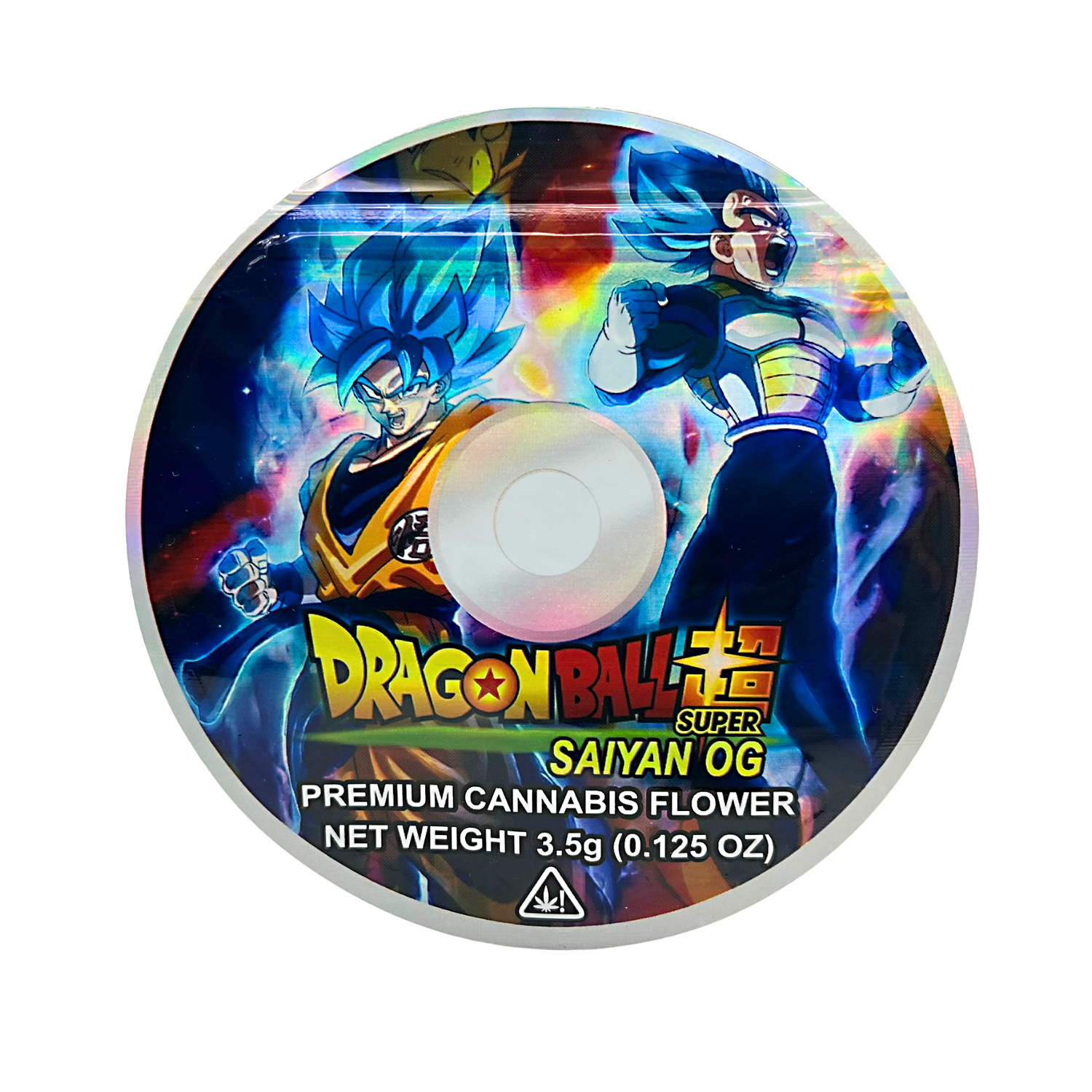 DVD Mylar bag 3.5g, herb Mylar Bags, Where to buy mylar bags, Custom mylar bags near me, Mylar Bags Wholesale. Dragon Ball Super Saiyan OG herb flower packaging on a white background