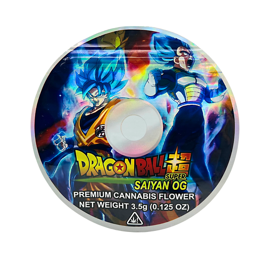 DVD Mylar bag 3.5g, herb Mylar Bags, Where to buy mylar bags, Custom mylar bags near me, Mylar Bags Wholesale. Dragon Ball Super Saiyan OG herb flower packaging on a white background