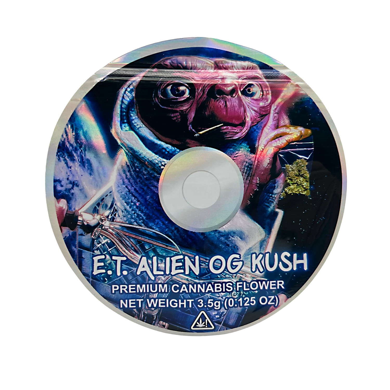 DVD Mylar bag 3.5g, herb Mylar Bags, Where to buy mylar bags, Custom mylar bags near me, Mylar Bags Wholesale. herb product packaging with E.T. design on a white background