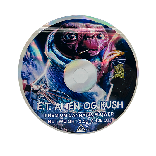 DVD Mylar bag 3.5g, herb Mylar Bags, Where to buy mylar bags, Custom mylar bags near me, Mylar Bags Wholesale. herb product packaging with E.T. design on a white background