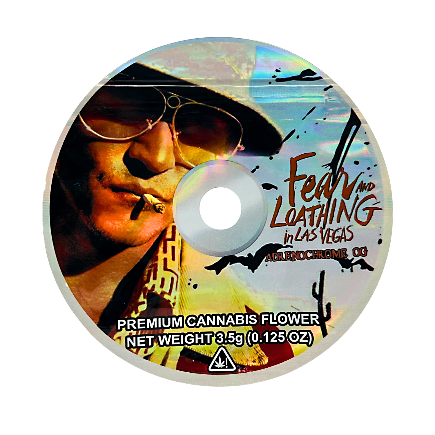 DVD Mylar bag 3.5g, herb Mylar Bags, Where to buy mylar bags, Custom mylar bags near me, Mylar Bags Wholesale. herb product label with a stylized face and 'Fear and Loathing in Las Vegas' text.