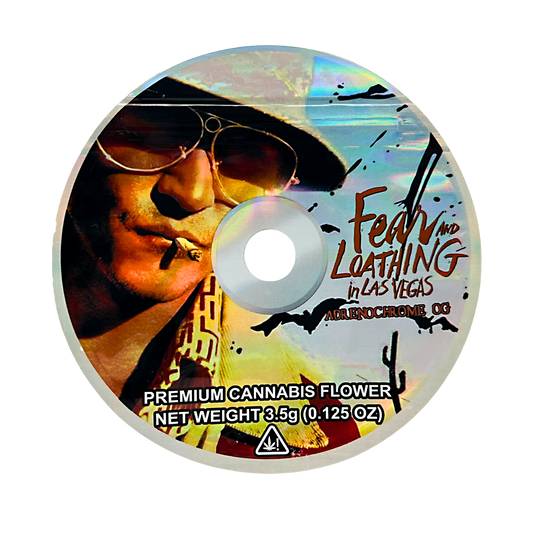 DVD Mylar bag 3.5g, herb Mylar Bags, Where to buy mylar bags, Custom mylar bags near me, Mylar Bags Wholesale. herb product label with a stylized face and 'Fear and Loathing in Las Vegas' text.