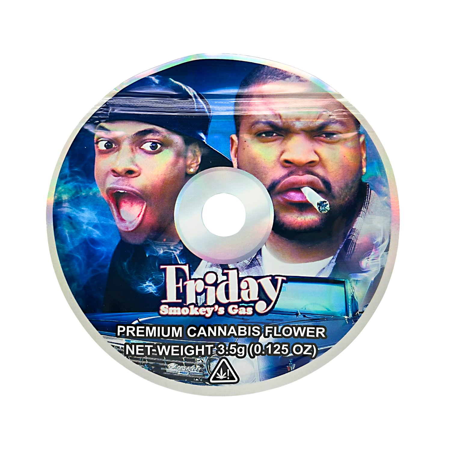 DVD Mylar bag 3.5g, herb Mylar Bags, Where to buy mylar bags, Custom mylar bags near me, Mylar Bags Wholesale. herb product label featuring two faces with 'Friday' branding on a white background