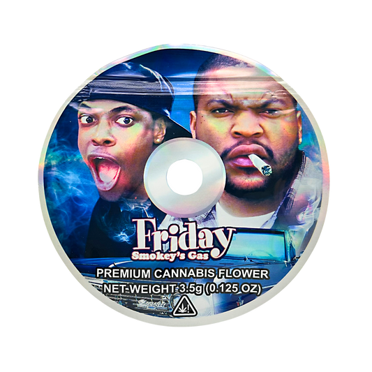 DVD Mylar bag 3.5g, herb Mylar Bags, Where to buy mylar bags, Custom mylar bags near me, Mylar Bags Wholesale. herb product label featuring two faces with 'Friday' branding on a white background
