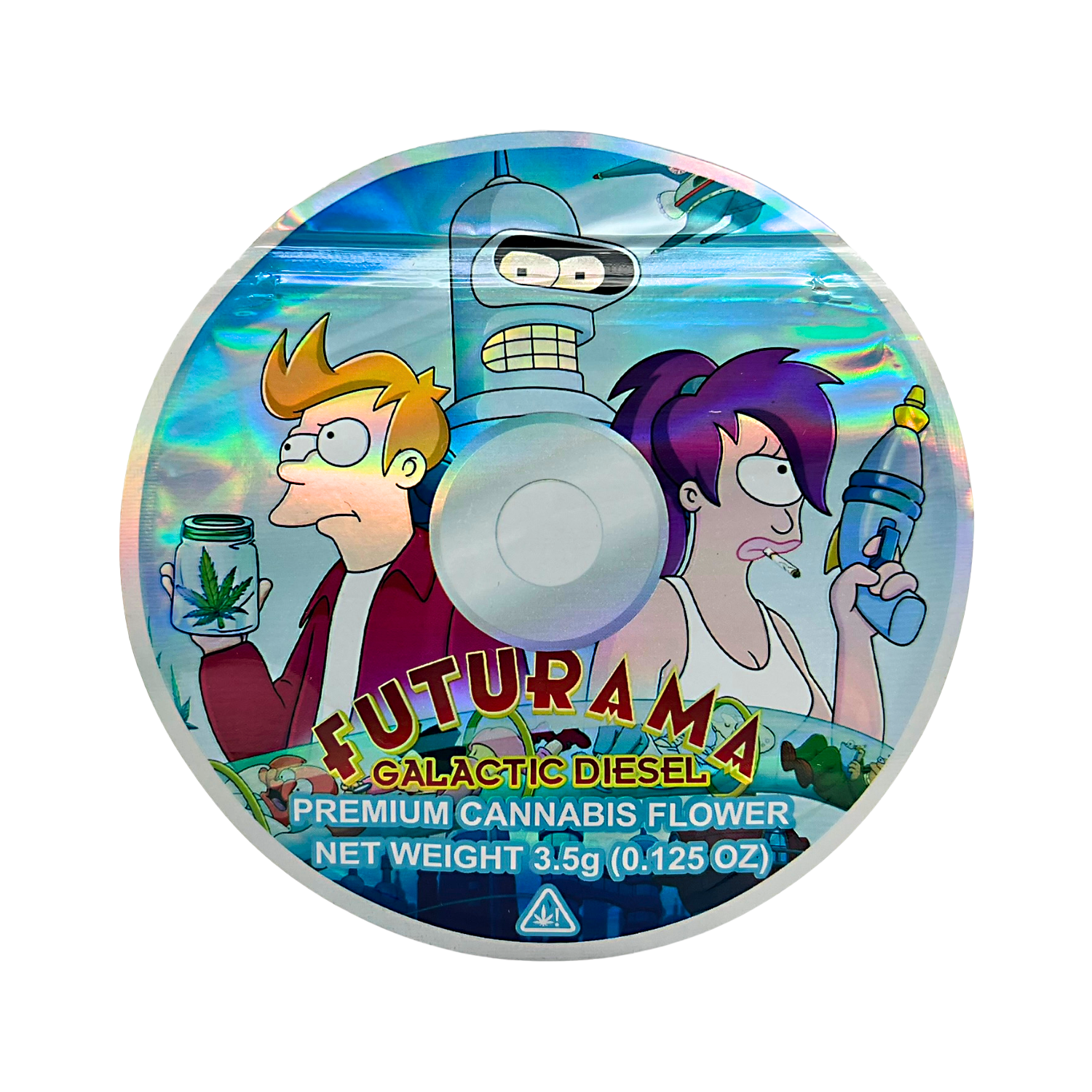 DVD Mylar bag 3.5g, herb Mylar Bags, Where to buy mylar bags, Custom mylar bags near me, Mylar Bags Wholesale. herb product packaging with 'Futurama' characters on a white background