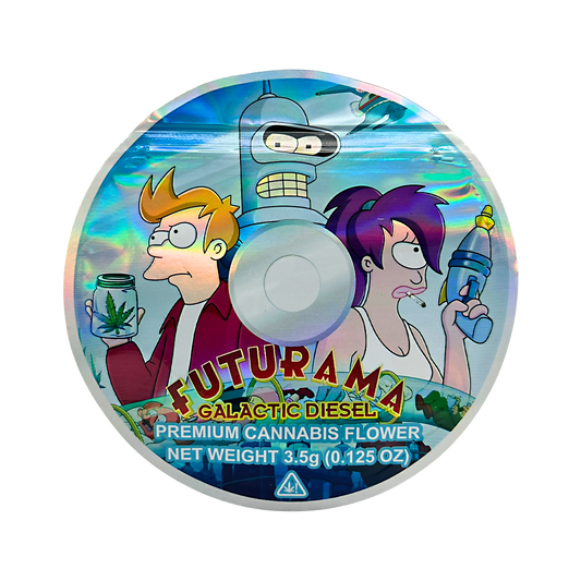 DVD Mylar bag 3.5g, herb Mylar Bags, Where to buy mylar bags, Custom mylar bags near me, Mylar Bags Wholesale. herb product packaging with 'Futurama' characters on a white background