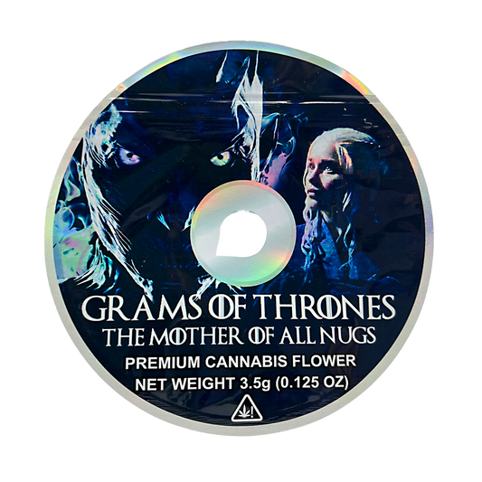 DVD Mylar bag 3.5g, herb Mylar Bags, Where to buy mylar bags, Custom mylar bags near me, Mylar Bags Wholesale. herb product packaging labeled 'Grams of Thrones' with a character design on a white background.