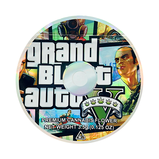 DVD Mylar bag 3.5g, herb Mylar Bags, Where to buy mylar bags, Custom mylar bags near me, Mylar Bags Wholesale. herb product packaging with 'Grand Theft Auto V' branding and graphics.