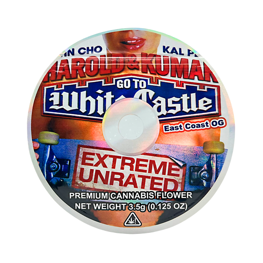 DVD Mylar bag 3.5g, herb Mylar Bags, Where to buy mylar bags, Custom mylar bags near me, Mylar Bags Wholesale. herb product packaging with 'Harold & Kumar' branding and 'White Castle' reference.