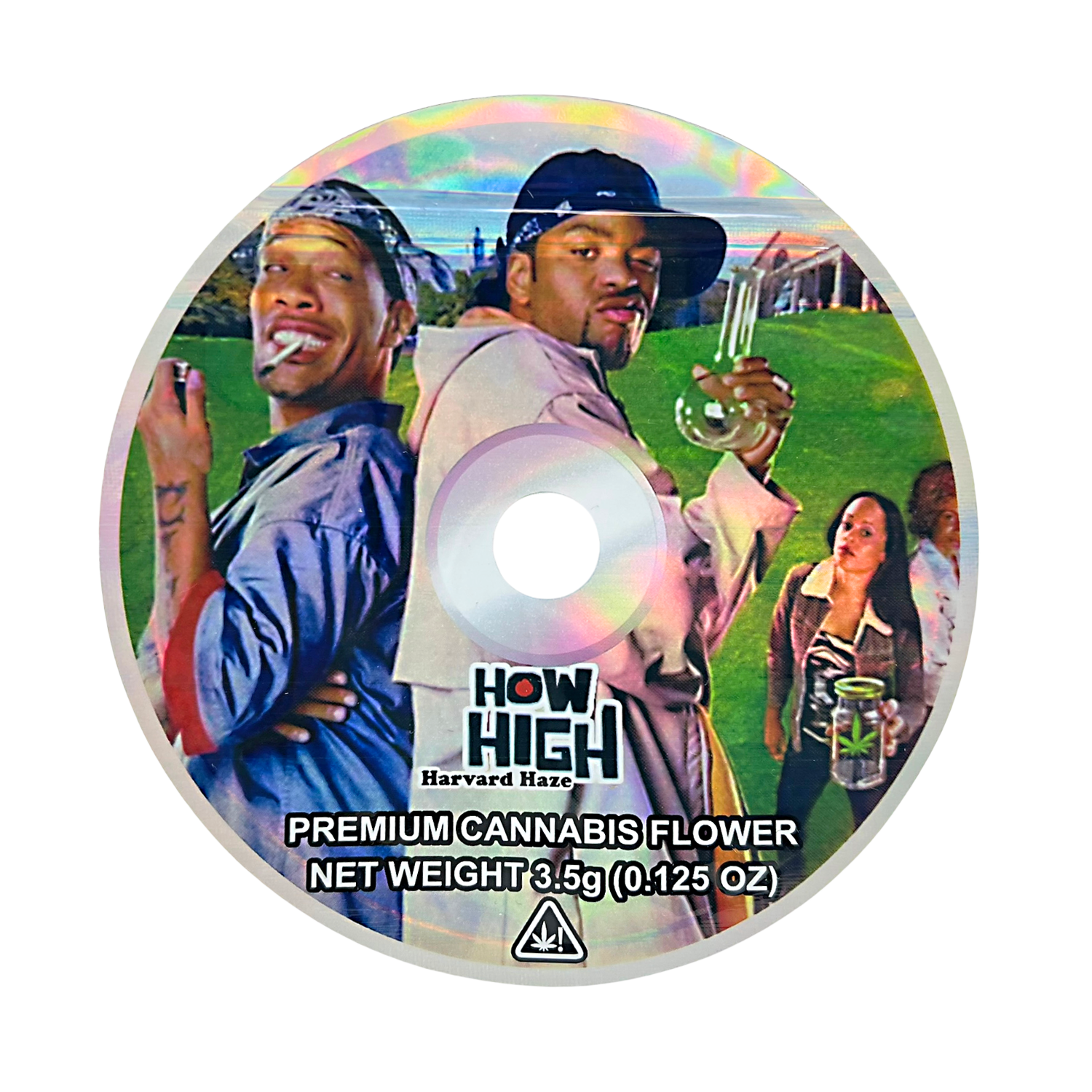 DVD Mylar bag 3.5g, herb Mylar Bags, Where to buy mylar bags, Custom mylar bags near me, Mylar Bags Wholesale. Round label for premium herb flower with two people and text on a white background