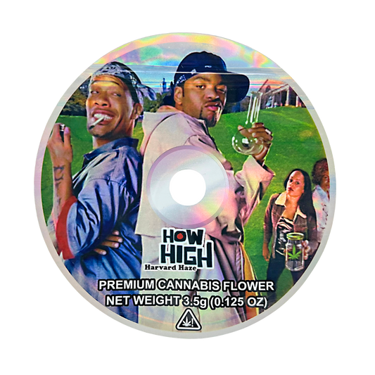 DVD Mylar bag 3.5g, herb Mylar Bags, Where to buy mylar bags, Custom mylar bags near me, Mylar Bags Wholesale. Round label for premium herb flower with two people and text on a white background