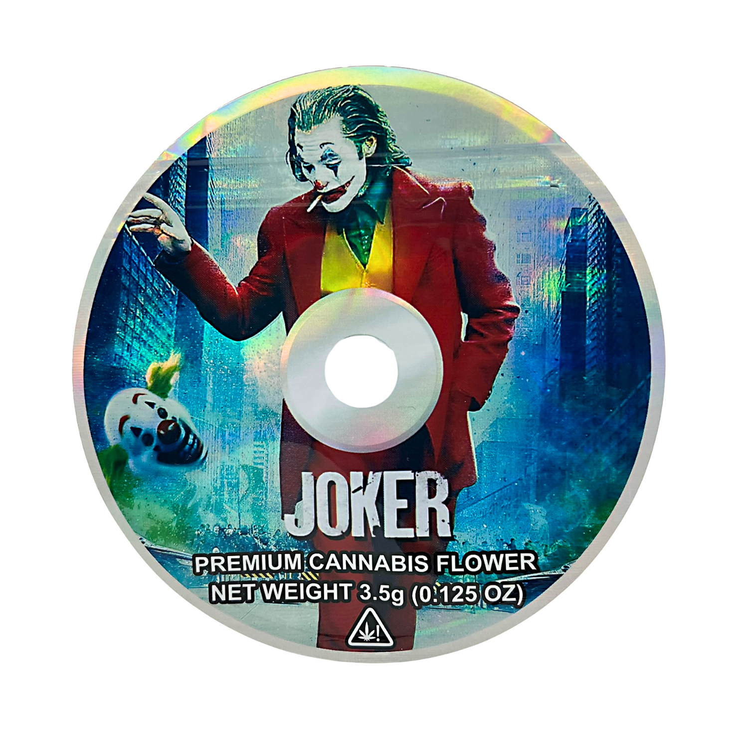 DVD Mylar bag 3.5g, herb Mylar Bags, Where to buy mylar bags, Custom mylar bags near me, Mylar Bags Wholesale. Joker-themed herb product packaging with character design and text.