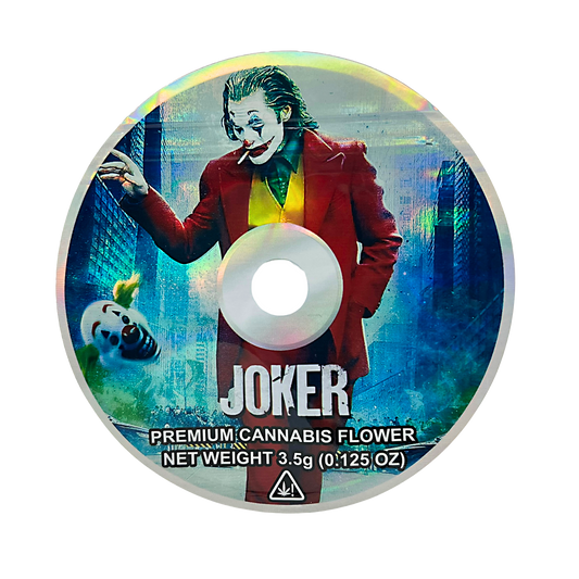 DVD Mylar bag 3.5g, herb Mylar Bags, Where to buy mylar bags, Custom mylar bags near me, Mylar Bags Wholesale. Joker-themed herb product packaging with character design and text.
