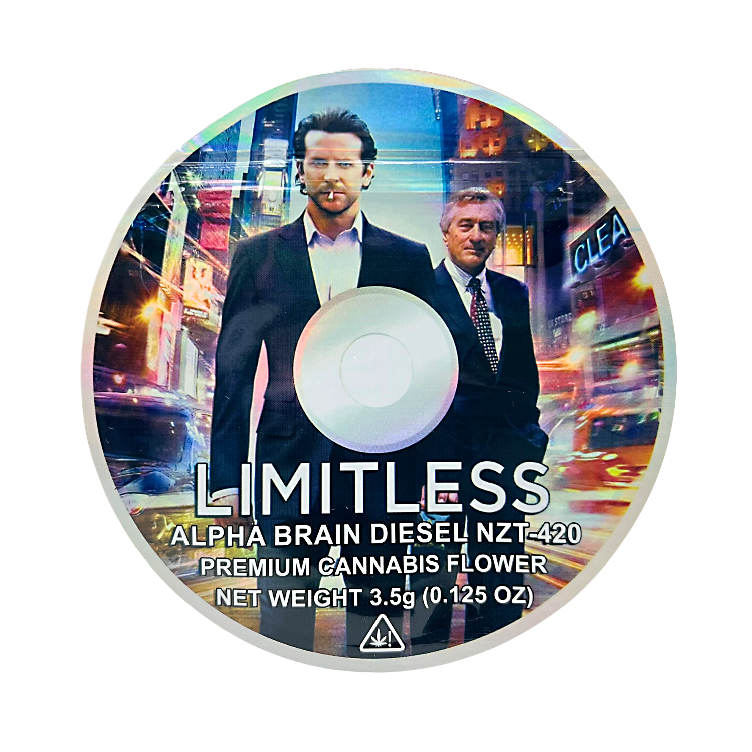 DVD Mylar bag 3.5g, herb Mylar Bags, Where to buy mylar bags, Custom mylar bags near me, Mylar Bags Wholesale. Round herb product label with two men in suits and cityscape background