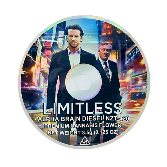 DVD Mylar bag 3.5g, herb Mylar Bags, Where to buy mylar bags, Custom mylar bags near me, Mylar Bags Wholesale. Round herb product label with two men in suits and cityscape background