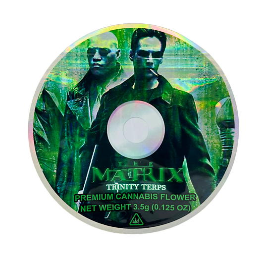 DVD Mylar bag 3.5g, herb Mylar Bags, Where to buy mylar bags, Custom mylar bags near me, Mylar Bags Wholesale. herb product packaging with 'The Matrix' branding and green color scheme.