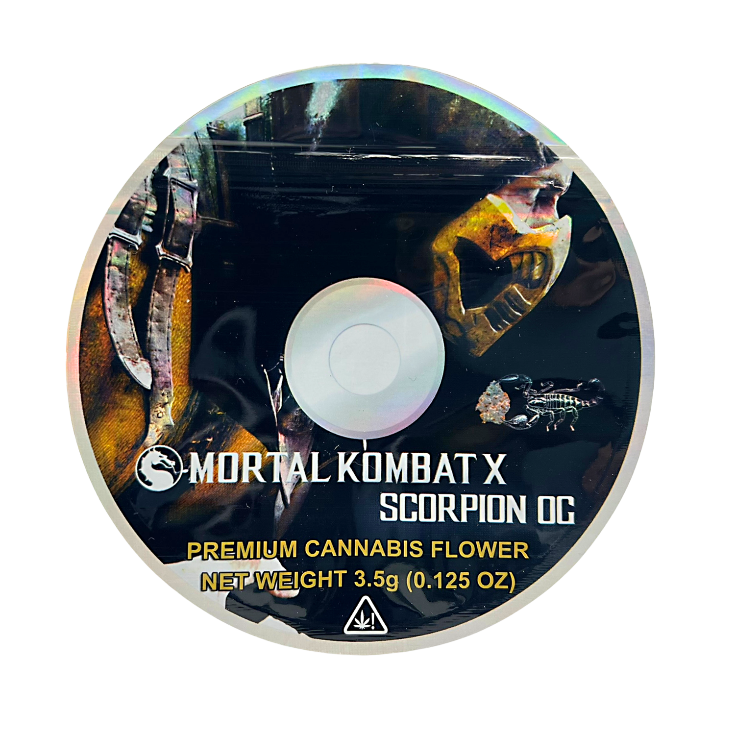 DVD Mylar bag 3.5g, herb Mylar Bags, Where to buy mylar bags, Custom mylar bags near me, Mylar Bags Wholesale. herb packaging with Scorpion design from Mortal Kombat X on a white background