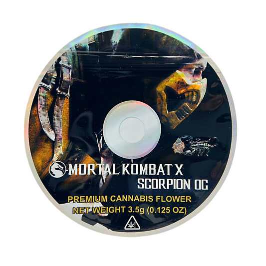 DVD Mylar bag 3.5g, herb Mylar Bags, Where to buy mylar bags, Custom mylar bags near me, Mylar Bags Wholesale. herb packaging with Scorpion design from Mortal Kombat X on a white background