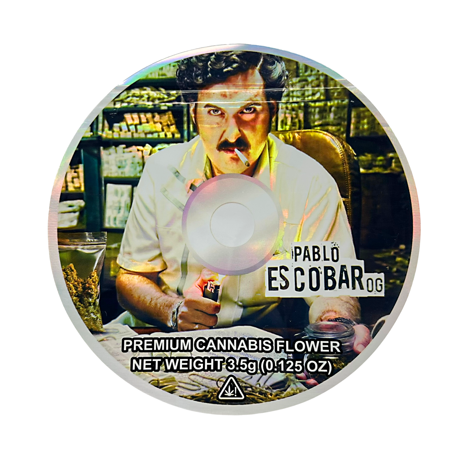 DVD Mylar bag 3.5g, herb Mylar Bags, Where to buy mylar bags, Custom mylar bags near me, Mylar Bags Wholesale. Circular product label featuring a person with text 'Pablo Escobar OG' and product details.